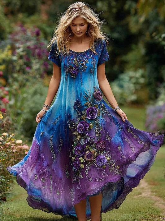 Retro kwiatowy nadruk w stylu vintage okrągły dekolt z krótkimi rękawami bawełniana sukienka maxi