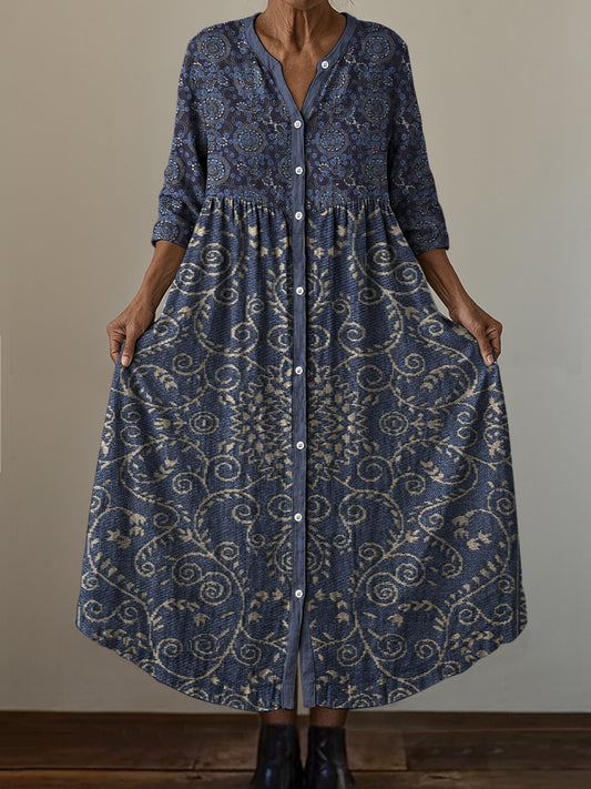 Retro Boho kwiatowy nadruk w stylu vintage szyk z dekoltem w szpic z długim rękawem sukienka midi