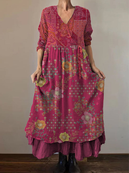 Retro Boho kwiatowy nadruk Vintage dekolt w szpic z podwójnym półrzędem bawełniana sukienka midi z długim rękawem