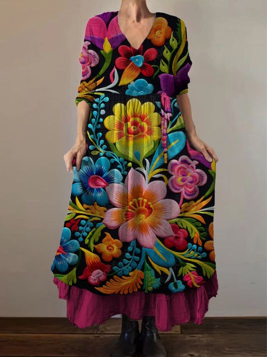 Retro Boho kwiatowy wzór etniczny Vintage dekolt w szpic z podwójnym oborkiem bawełniana sukienka midi z długim rękawem