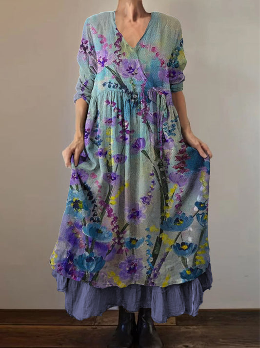 Retro Boho kwiatowy nadruk Vintage dekolt w szpic z podwójnym półrzędem bawełniana sukienka midi z długim rękawem