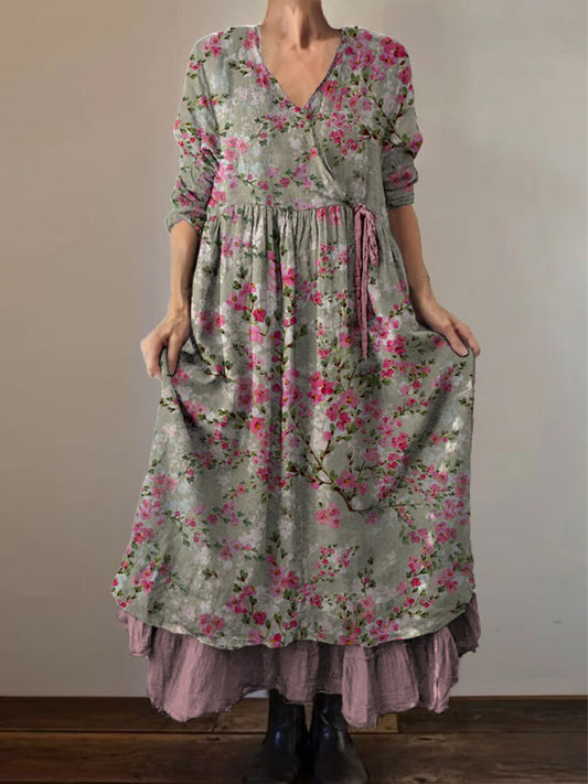 Retro Boho kwiatowy nadruk Vintage dekolt w szpic z podwójnym półrzędem bawełniana sukienka midi z długim rękawem