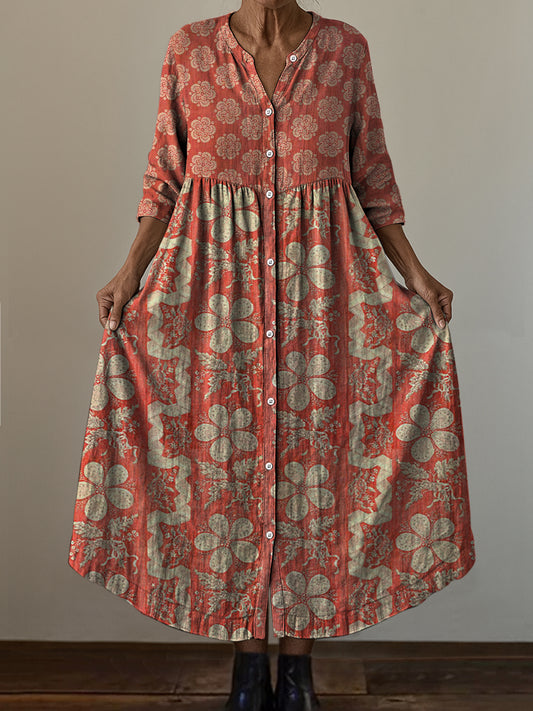 Retro Boho kwiatowy nadruk w stylu vintage szyk z dekoltem w szpic z długim rękawem sukienka midi