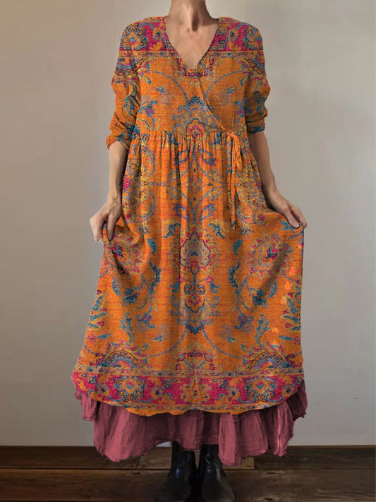 Retro Boho kwiatowy nadruk Vintage dekolt w szpic z podwójnym półrzędem bawełniana sukienka midi z długim rękawem