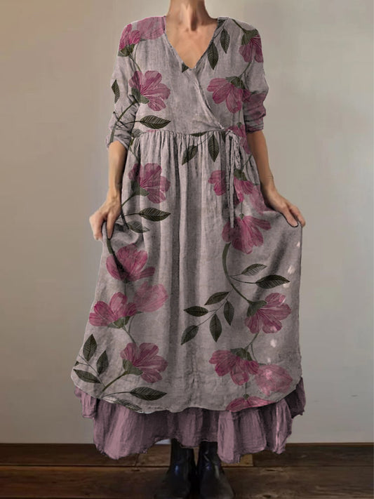 Retro Boho kwiatowy nadruk Vintage dekolt w szpic z podwójnym półrzędem bawełniana sukienka midi z długim rękawem