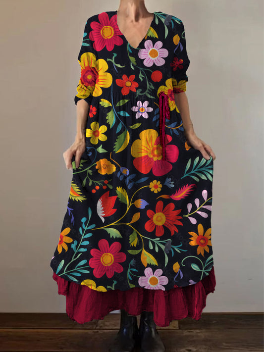 Retro Boho kwiatowy wzór etniczny Vintage dekolt w szpic z podwójnym oborkiem bawełniana sukienka midi z długim rękawem