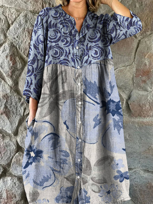 Retro Boho kwiatowy nadruk w stylu vintage szyk z dekoltem w szpic z długim rękawem sukienka midi