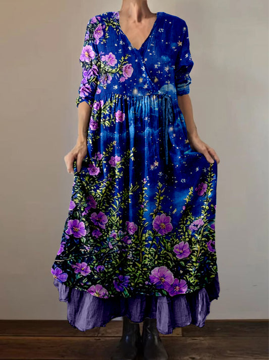 Retro Boho kwiatowy nadruk Vintage dekolt w szpic z podwójnym półrzędem bawełniana sukienka midi z długim rękawem