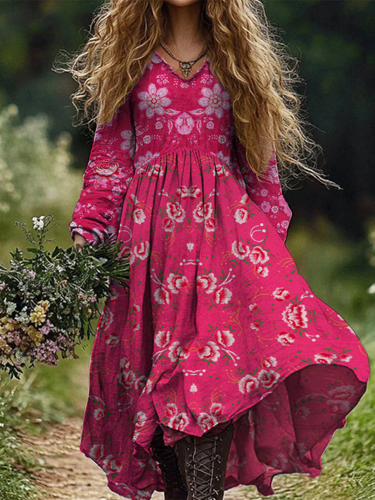 Retro Boho kwiatowy nadruk Vintage szyk w szpic Bawełniana sukienka midi z długim rękawem