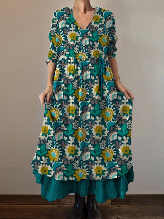 Retro Boho kwiatowy wzór etniczny Vintage dekolt w szpic z podwójnym oborkiem bawełniana sukienka midi z długim rękawem