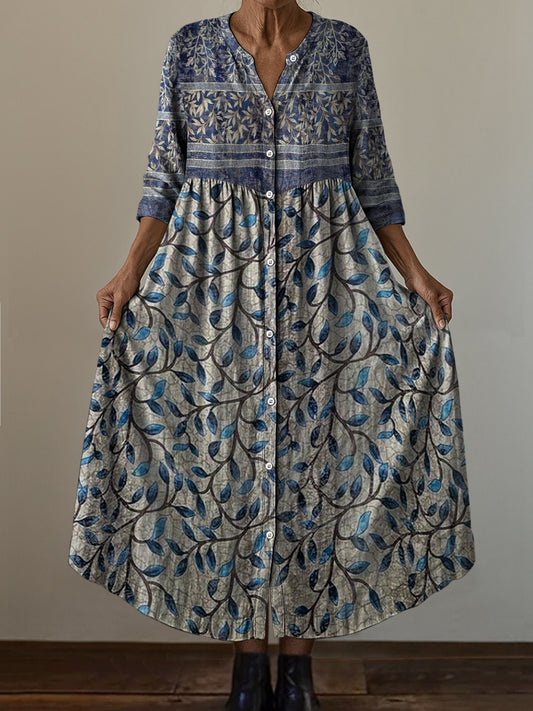 Retro Boho kwiatowy nadruk w stylu vintage szyk z dekoltem w szpic z długim rękawem sukienka midi