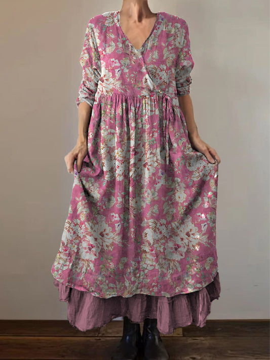 Retro Boho kwiatowy nadruk Vintage dekolt w szpic z podwójnym półrzędem bawełniana sukienka midi z długim rękawem