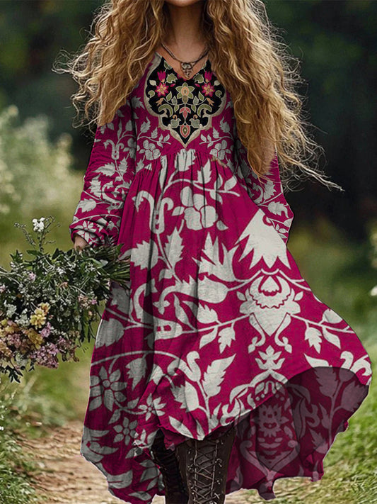 Retro Boho kwiatowy nadruk Vintage szyk w szpic Bawełniana sukienka midi z długim rękawem