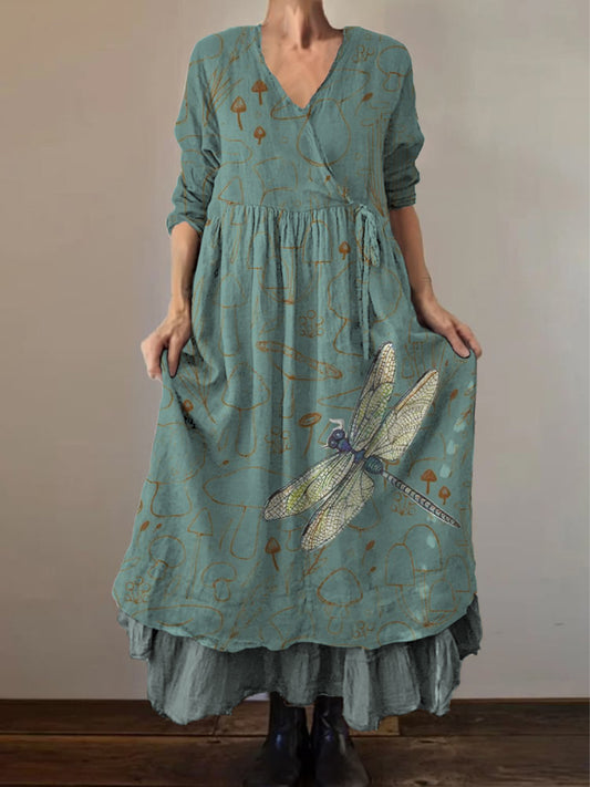 Retro Boho kwiatowy nadruk Vintage dekolt w szpic z podwójnym półrzędem bawełniana sukienka midi z długim rękawem