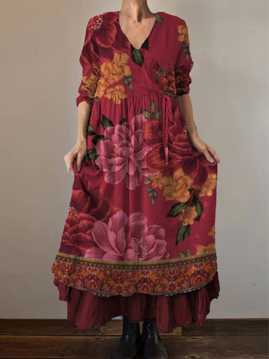 Retro Boho kwiatowy wzór etniczny Vintage dekolt w szpic z podwójnym oborkiem bawełniana sukienka midi z długim rękawem