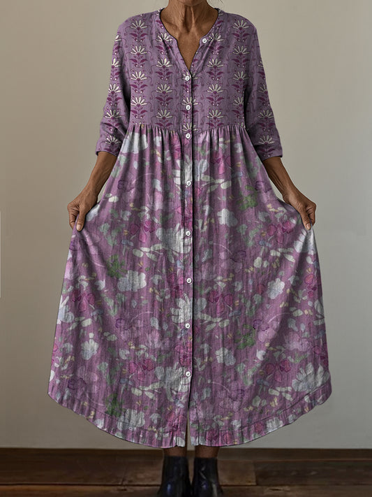 Retro Boho kwiatowy nadruk w stylu vintage szyk z dekoltem w szpic z długim rękawem sukienka midi