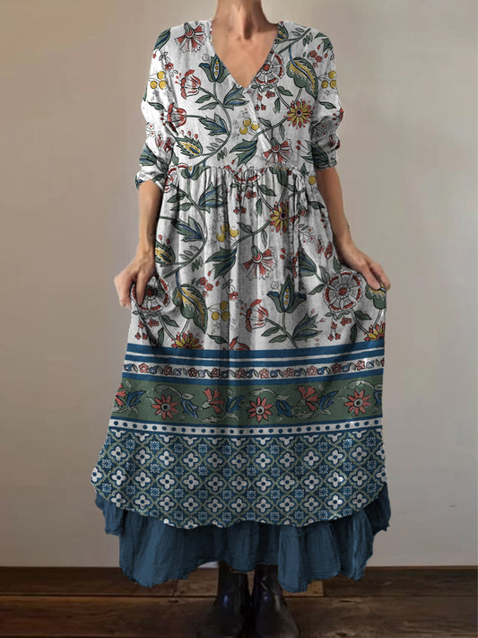 Retro Boho kwiatowy nadruk Vintage dekolt w szpic z podwójnym półrzędem bawełniana sukienka midi z długim rękawem