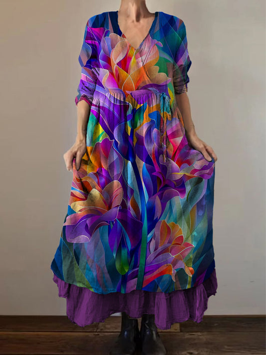 Retro Boho kwiatowy nadruk Vintage dekolt w szpic z podwójnym półrzędem bawełniana sukienka midi z długim rękawem