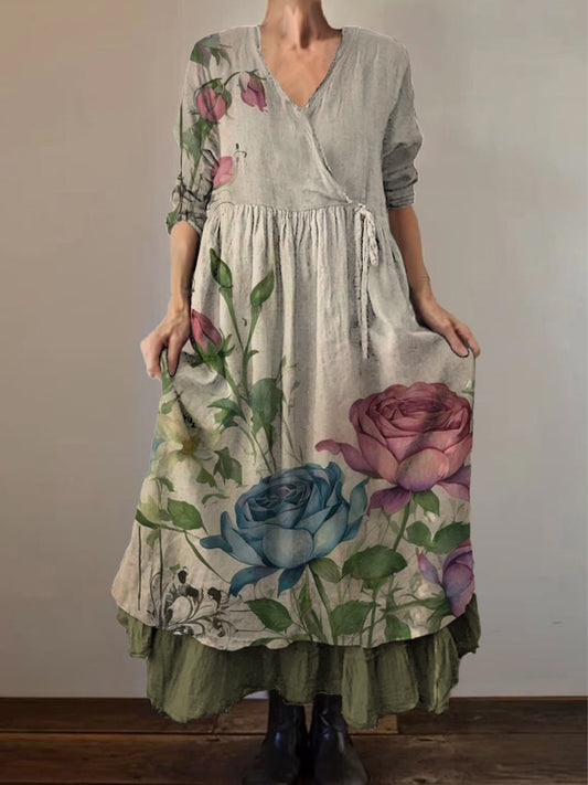 Retro Boho kwiatowy wzór etniczny Vintage dekolt w szpic z podwójnym oborkiem bawełniana sukienka midi z długim rękawem