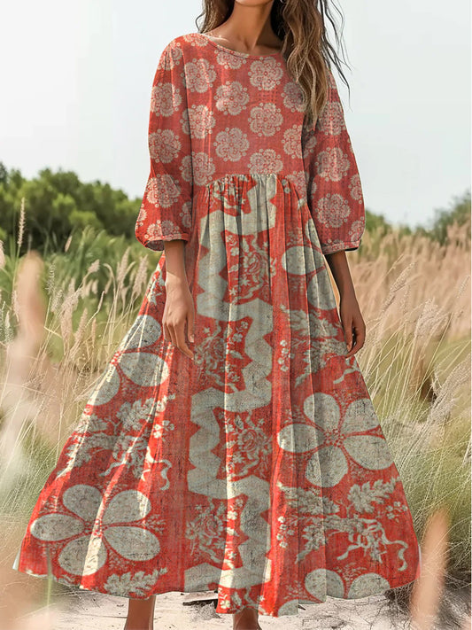 Retro Boho Art Print Vintage Chic Okrągły Dekolt Bawełniany Długi Rękaw Midi Sukienka