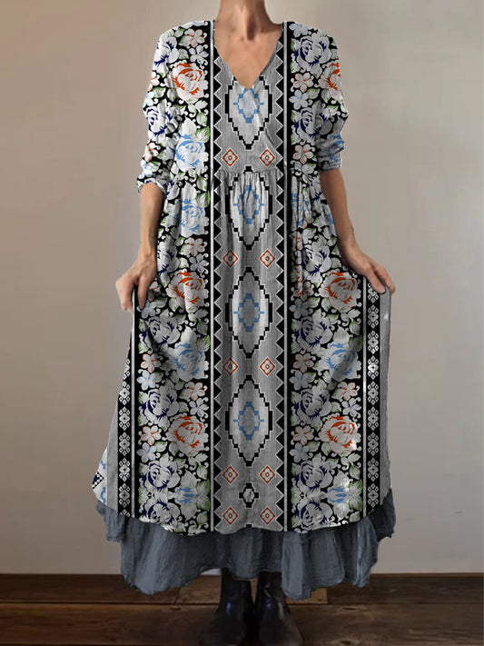 Retro Boho kwiatowy nadruk Vintage dekolt w szpic z podwójnym półrzędem bawełniana sukienka midi z długim rękawem