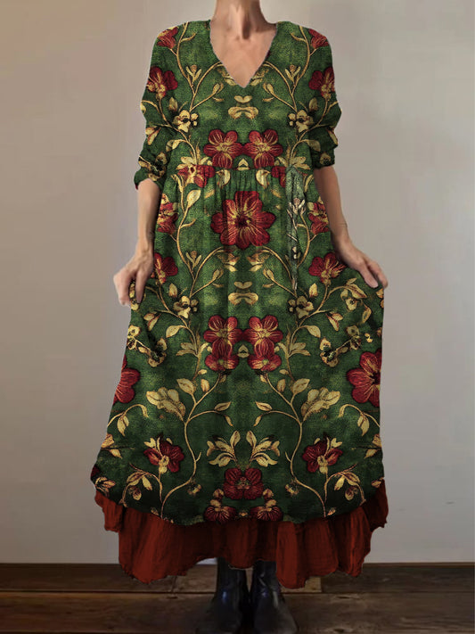 Retro Boho kwiatowy nadruk Vintage dekolt w szpic z podwójnym półrzędem bawełniana sukienka midi z długim rękawem