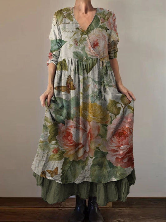 Retro Boho kwiatowy nadruk Vintage dekolt w szpic z podwójnym półrzędem bawełniana sukienka midi z długim rękawem