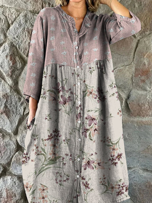 Retro Boho kwiatowy nadruk w stylu vintage szyk z dekoltem w szpic z długim rękawem sukienka midi