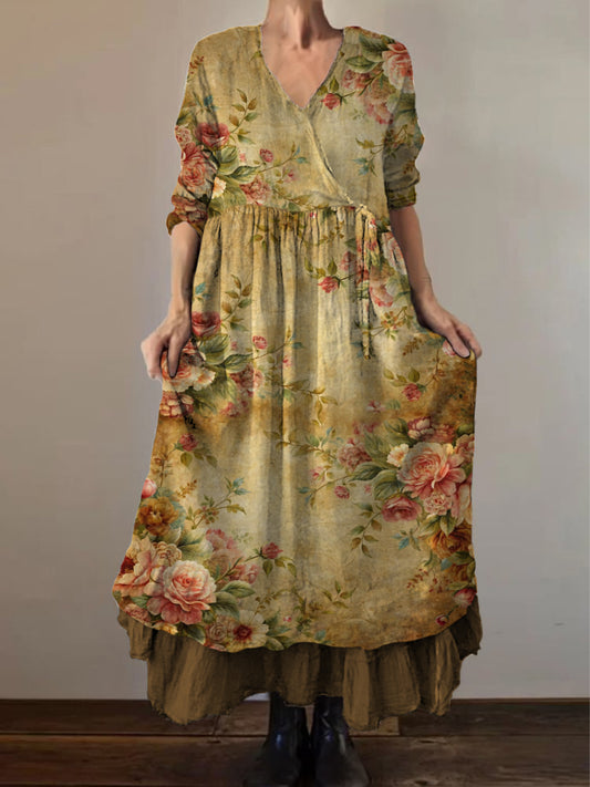 Retro Boho kwiatowy nadruk Vintage dekolt w szpic z podwójnym półrzędem bawełniana sukienka midi z długim rękawem