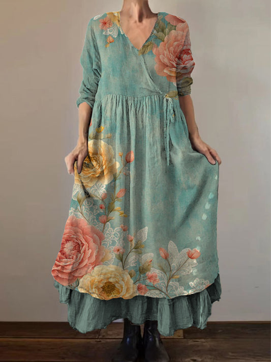 Retro Boho kwiatowy wzór etniczny Vintage dekolt w szpic z podwójnym oborkiem bawełniana sukienka midi z długim rękawem