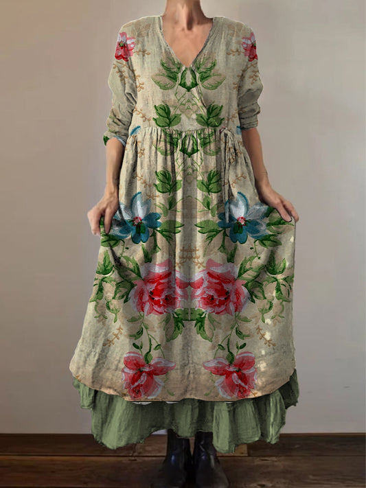 Retro Boho kwiatowy nadruk Vintage dekolt w szpic z podwójnym półrzędem bawełniana sukienka midi z długim rękawem