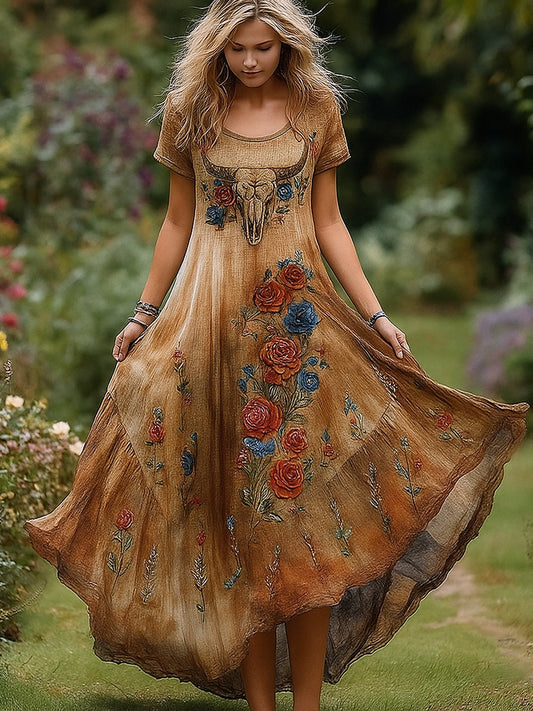 Retro kwiatowy nadruk w stylu vintage okrągły dekolt z krótkimi rękawami bawełniana sukienka maxi