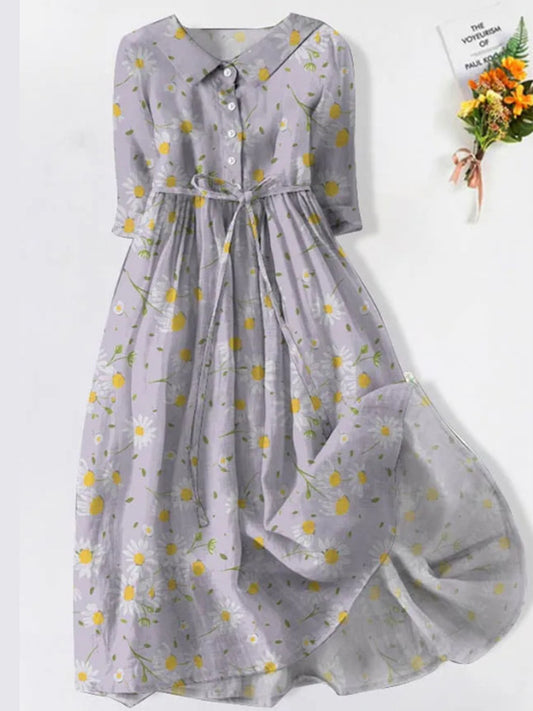 Retro boho kwiatowy nadruk vintage szykowny guzik z długim rękawem midi sukienka