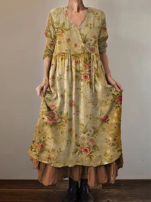 Retro Boho kwiatowy nadruk Vintage dekolt w szpic z podwójnym półrzędem bawełniana sukienka midi z długim rękawem