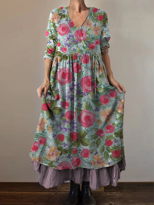 Retro Boho kwiatowy nadruk Vintage dekolt w szpic z podwójnym półrzędem bawełniana sukienka midi z długim rękawem