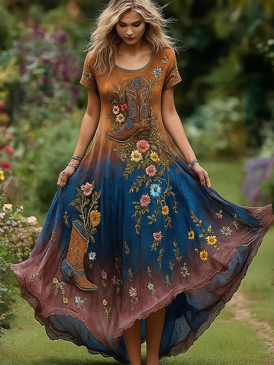 Retro kwiatowy nadruk w stylu vintage okrągły dekolt z krótkimi rękawami bawełniana sukienka maxi