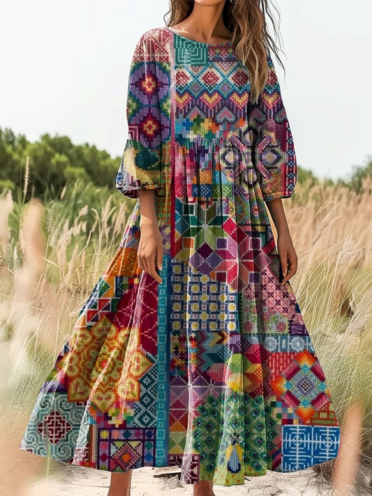 Retro Boho kwiatowy wzór botaniki Vintage chic okrągły dekolt bawełniana sukienka midi z długim rękawem