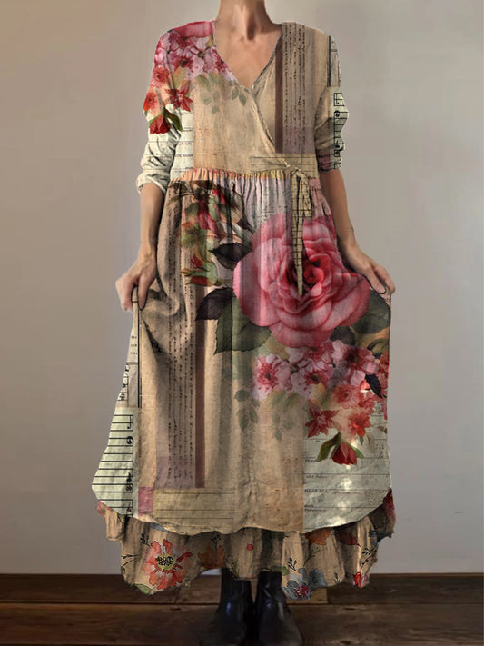 Retro Boho kwiatowy nadruk Vintage dekolt w szpic z podwójnym półrzędem bawełniana sukienka midi z długim rękawem