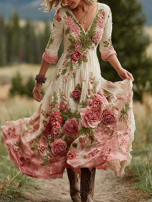 Retro kwiatowy nadruk w stylu vintage z dekoltem w szpic bawełniana sukienka maxi z długimi rękawami
