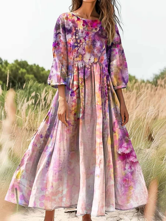 Retro Boho kwiatowy wzór botaniki Vintage chic okrągły dekolt bawełniana sukienka midi z długim rękawem