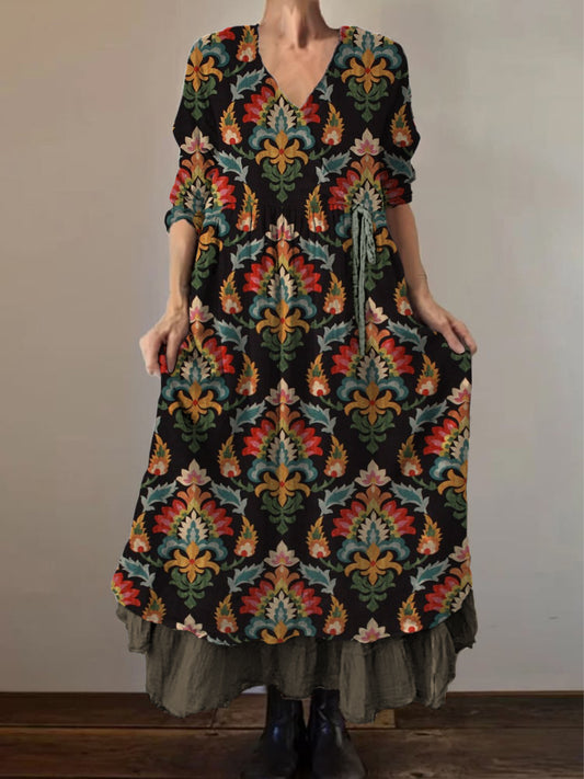 Retro Boho kwiatowy nadruk Vintage dekolt w szpic z podwójnym półrzędem bawełniana sukienka midi z długim rękawem