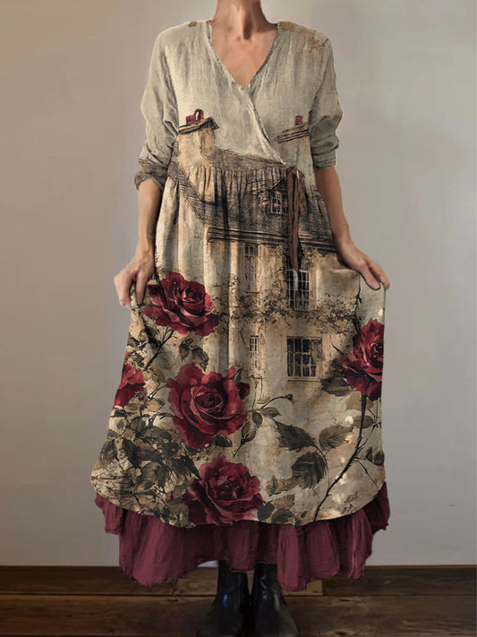 Retro Boho kwiatowy nadruk Vintage dekolt w szpic z podwójnym półrzędem bawełniana sukienka midi z długim rękawem