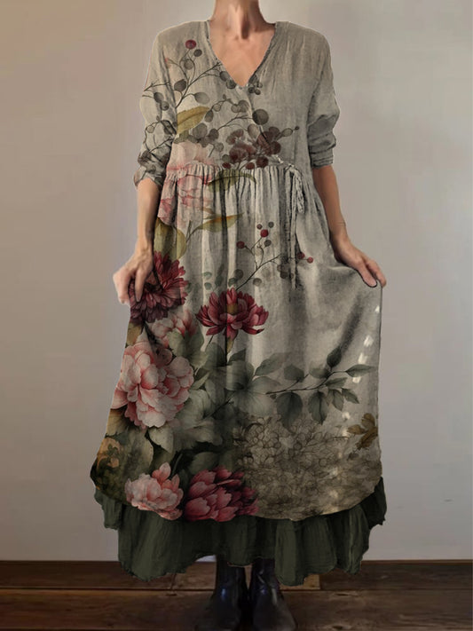 Retro Boho kwiatowy nadruk Vintage dekolt w szpic z podwójnym półrzędem bawełniana sukienka midi z długim rękawem