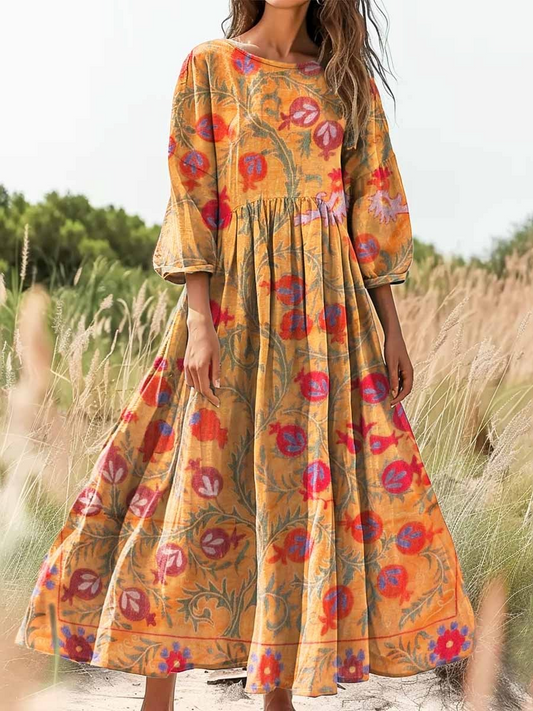 Retro Boho kwiatowy wzór botaniki Vintage chic okrągły dekolt bawełniana sukienka midi z długim rękawem