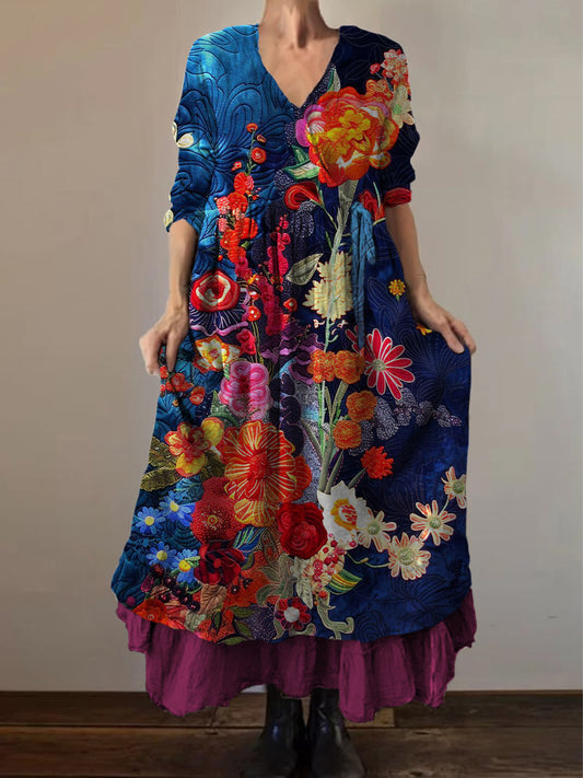 Retro Boho kwiatowy nadruk Vintage dekolt w szpic z podwójnym półrzędem bawełniana sukienka midi z długim rękawem