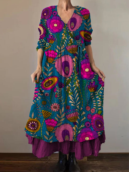 Retro Boho kwiatowy nadruk Vintage dekolt w szpic z podwójnym półrzędem bawełniana sukienka midi z długim rękawem