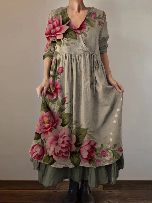 Retro Boho kwiatowy nadruk Vintage dekolt w szpic z podwójnym półrzędem bawełniana sukienka midi z długim rękawem