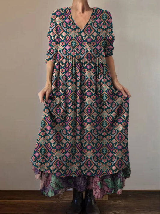 Retro Boho kwiatowy nadruk Vintage dekolt w szpic z podwójnym półrzędem bawełniana sukienka midi z długim rękawem