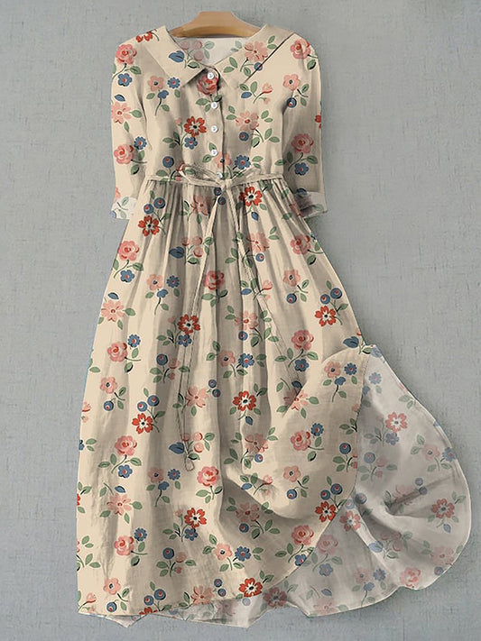 Retro boho kwiatowy nadruk vintage szykowny guzik z długim rękawem midi sukienka