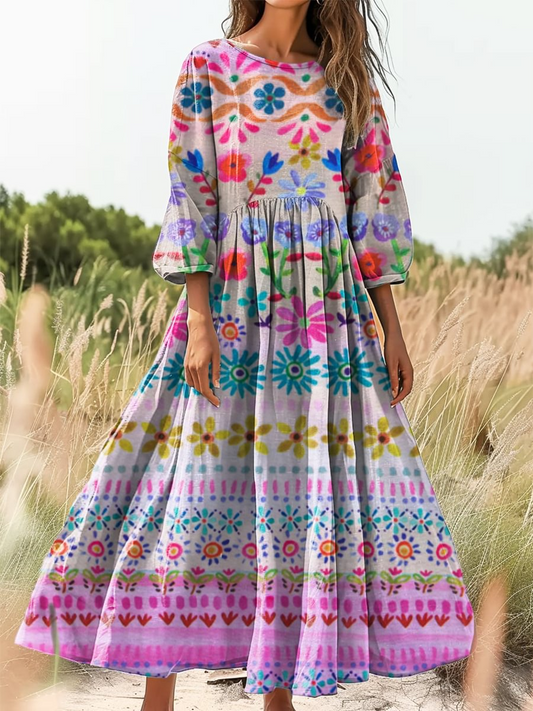 Retro Boho kwiatowy wzór botaniki Vintage chic okrągły dekolt bawełniana sukienka midi z długim rękawem